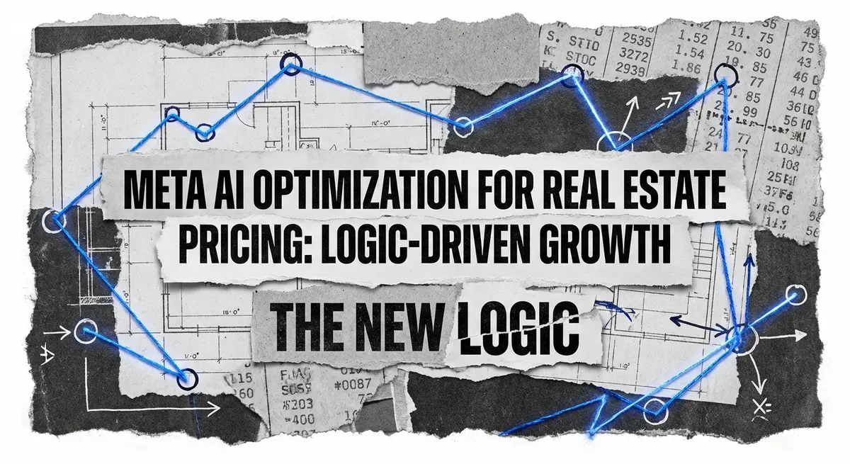 Meta AI optimization for real estate pricing collage with torn paper and blue accents