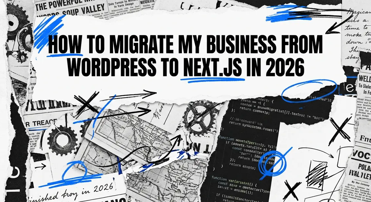 how to migrate my business from wordpress to next.js in 2026 torn paper collage style