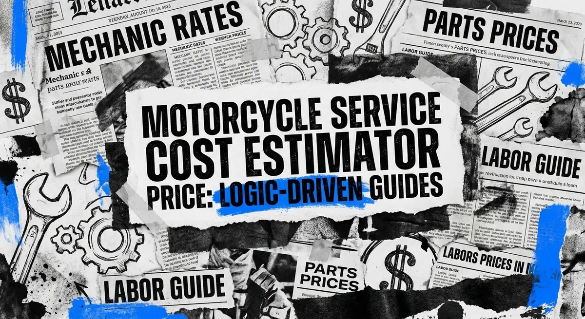 Motorcycle Service Cost Estimator Price conceptual collage with torn paper and blue accents
