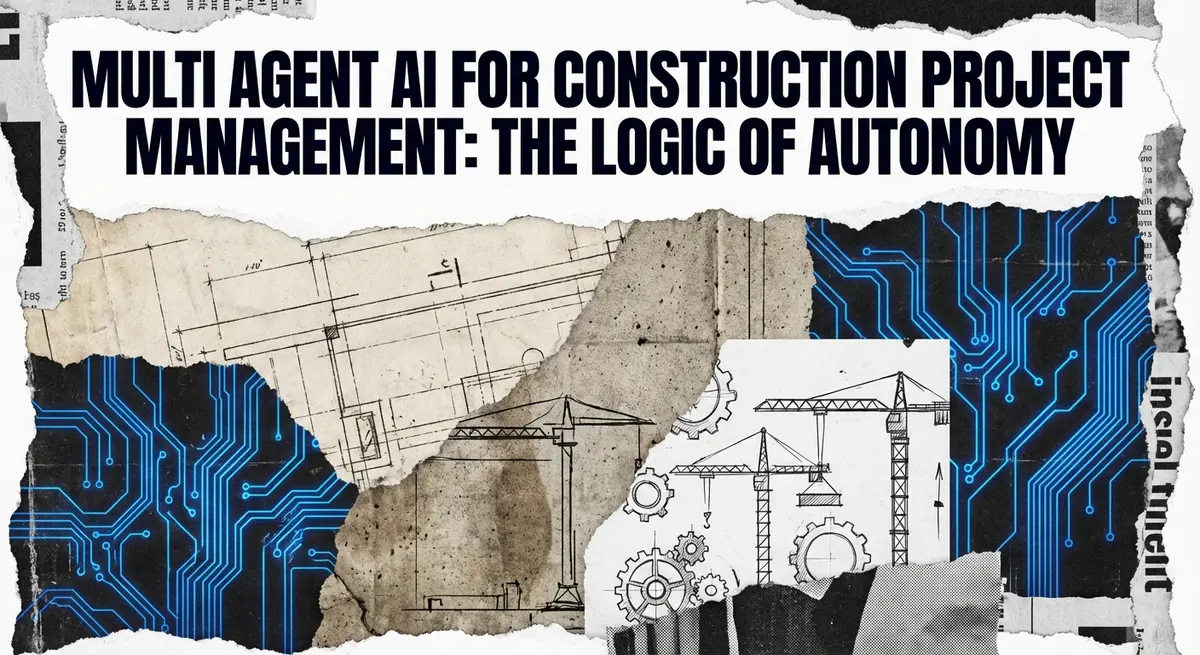 Multi agent ai for construction project management collage with blueprints and digital circuits