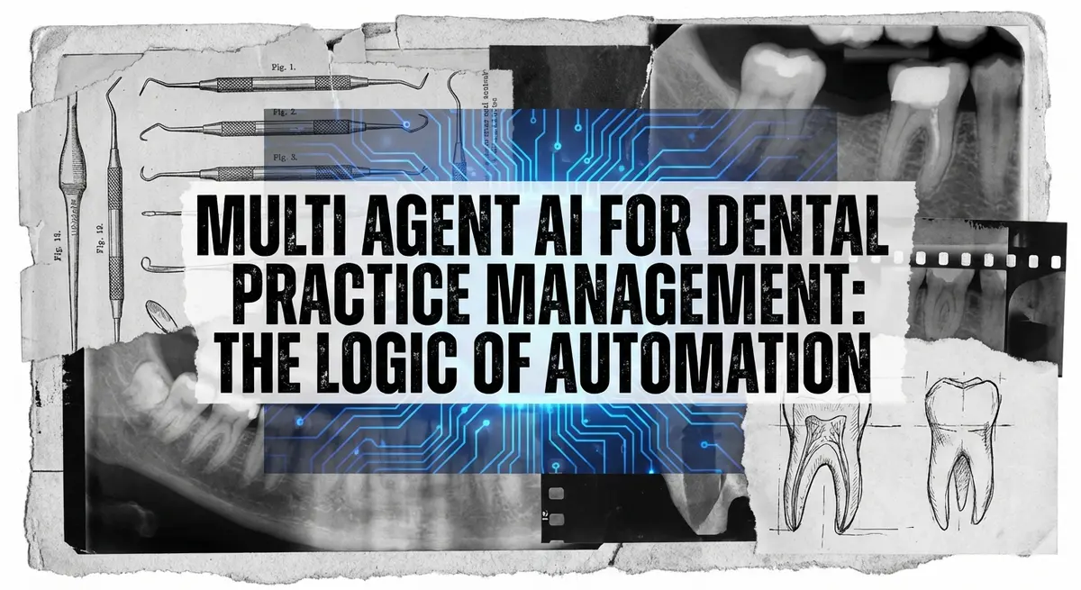 Multi agent AI for dental practice management collage with dental tools and digital circuits