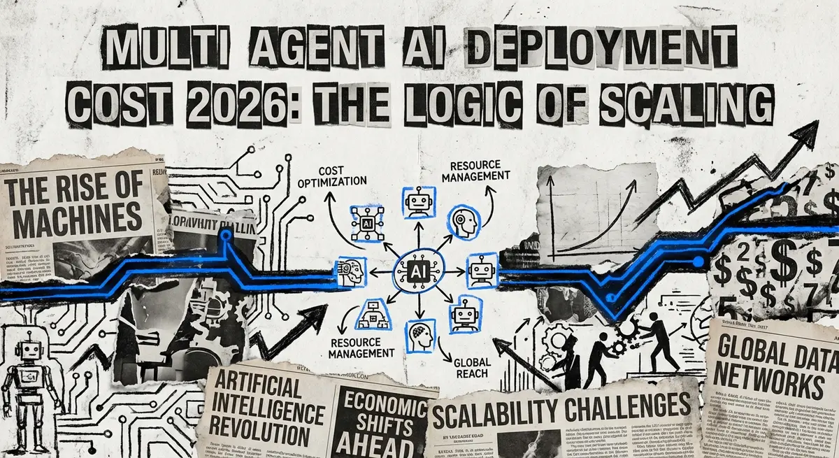 Multi agent ai deployment cost 2026 collage with torn paper and blue accents