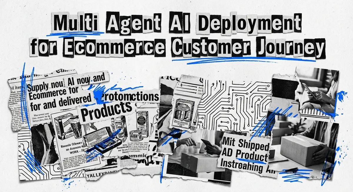 Multi agent AI deployment for ecommerce customer journey featured image with torn paper style and electric blue accents