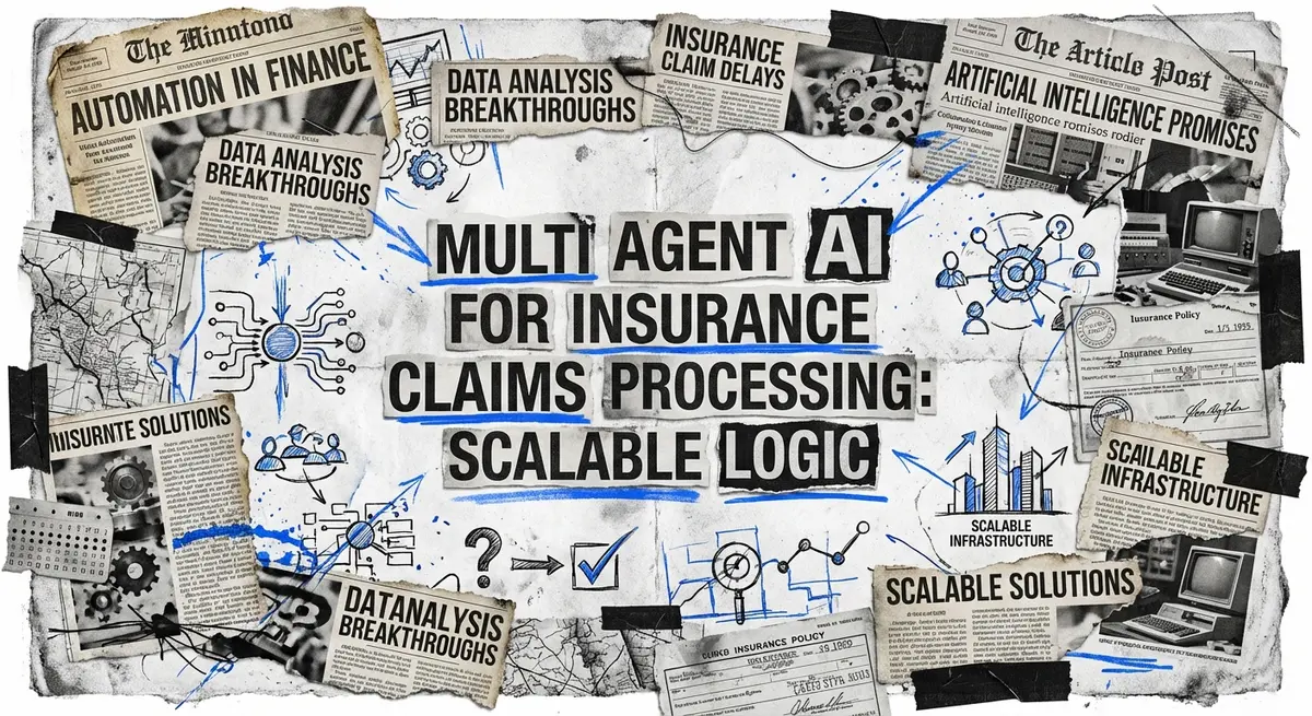 Multi agent AI for insurance claims processing collage with torn paper and blue accents