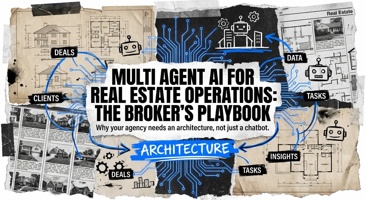 Multi agent ai for real estate operations torn paper collage with electric blue accents