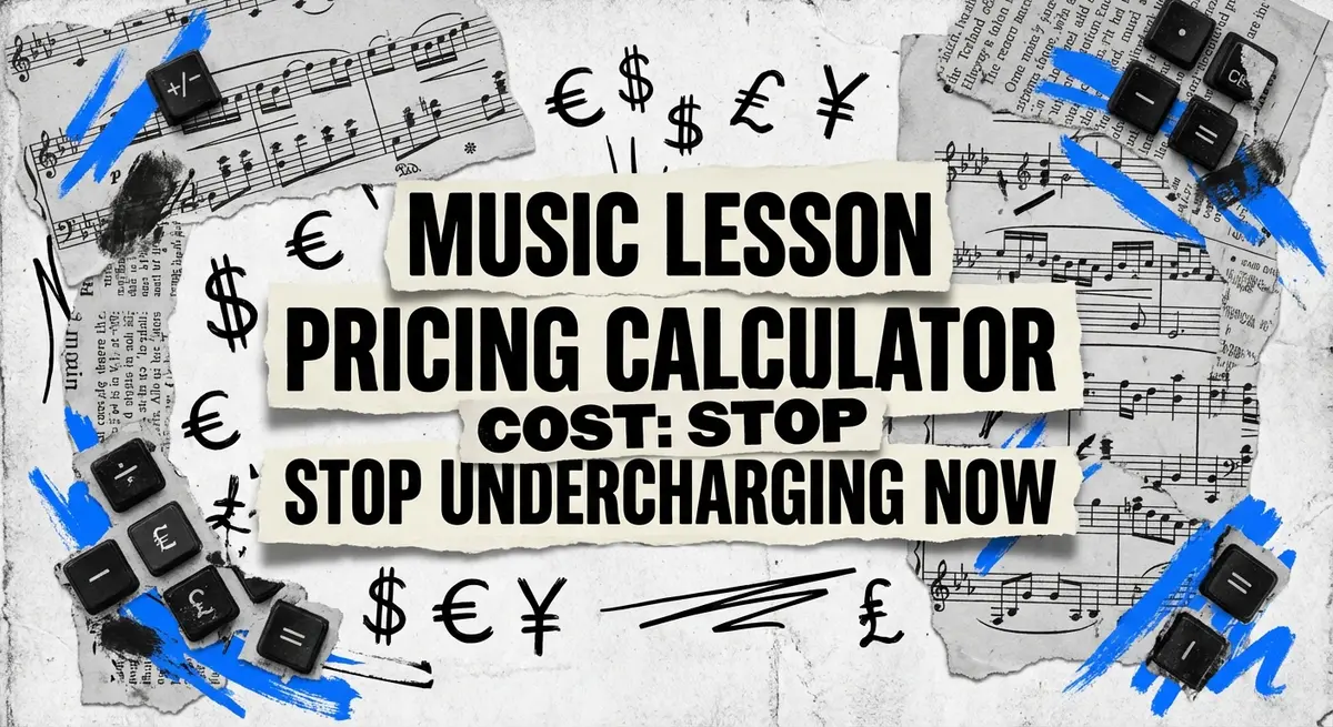 Music lesson pricing calculator cost concept art with torn paper and electric blue accents
