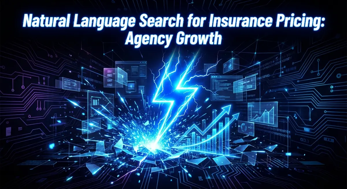 Abstract digital landscape with electric blue lightning representing natural language search for insurance pricing speed and accuracy