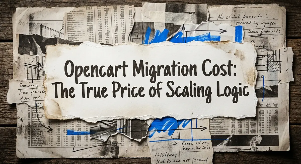 OpenCart migration cost collage with torn paper and digital elements