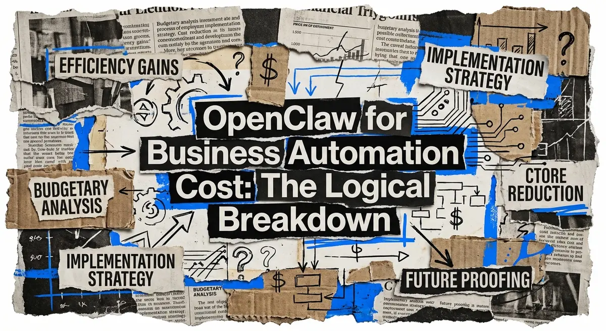OpenClaw for business automation cost breakdown showing torn paper collage style with electric blue accents