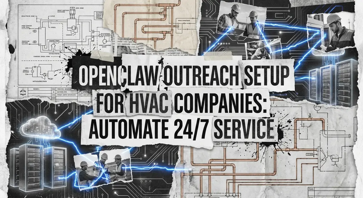 OpenClaw outreach setup for HVAC companies torn paper collage with blue accents