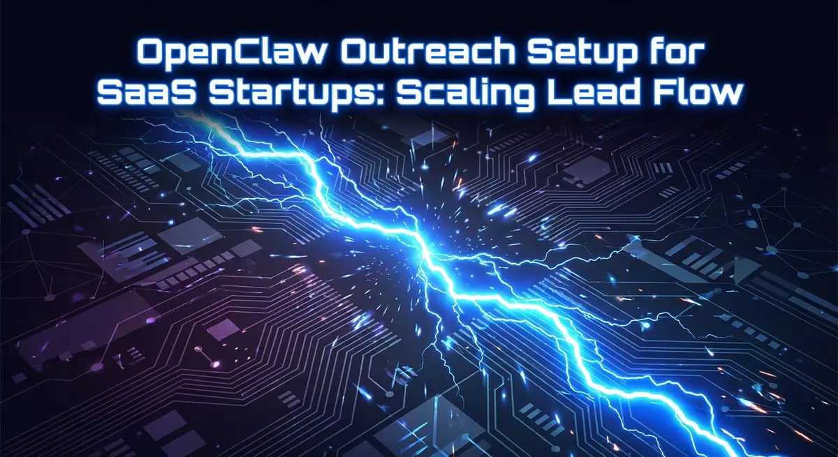 OpenClaw outreach setup for saas startups visualization with electric blue lightning and digital network background