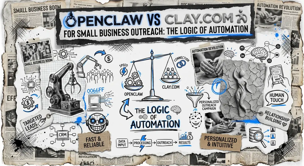 OpenClaw vs Clay.com for Small Business Outreach comparison collage with torn paper effect