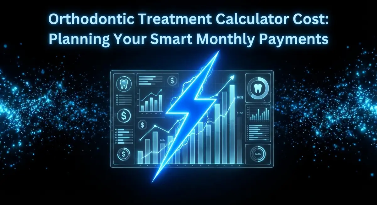 Orthodontic treatment calculator cost concept with digital lightning and financial data