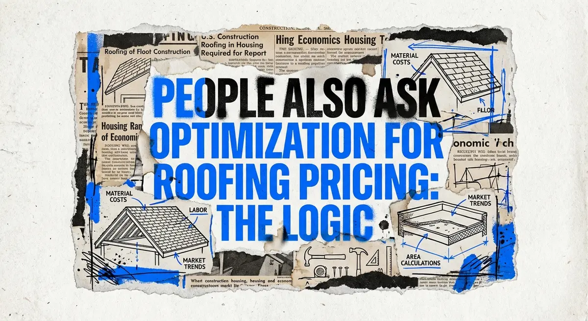 Torn paper collage featuring People Also Ask optimization for roofing pricing text with electric blue accents