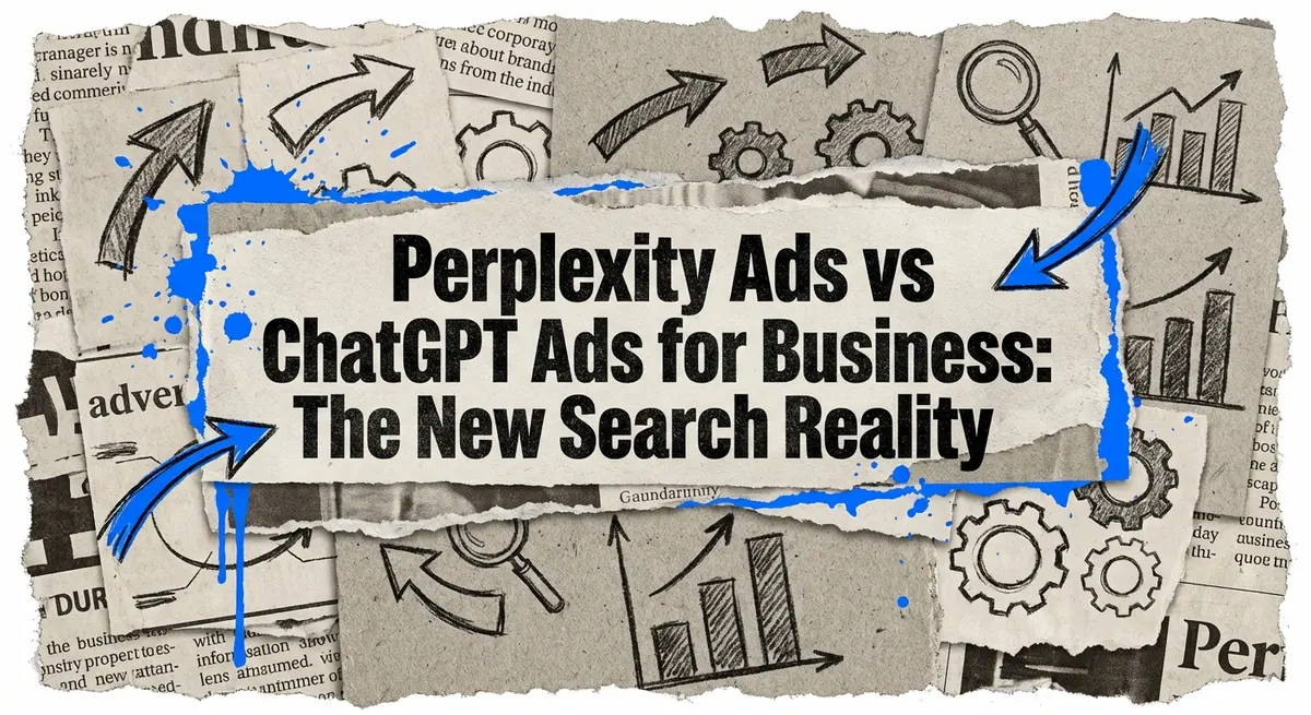 Perplexity ads vs ChatGPT ads for business comparison torn paper collage with electric blue accents