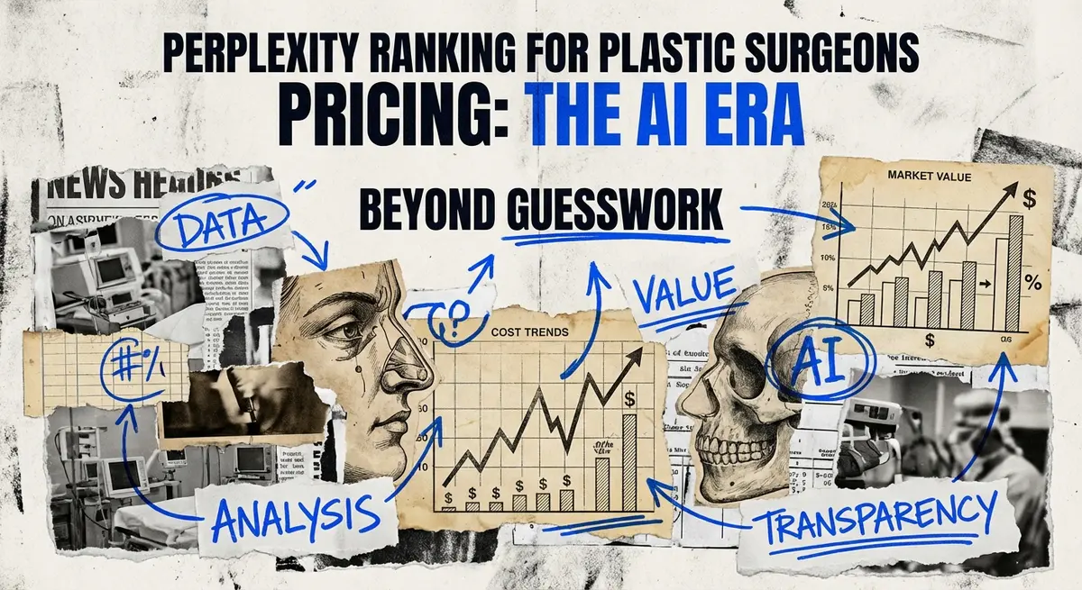 Perplexity ranking for plastic surgeons pricing concept art with torn paper and electric blue accents
