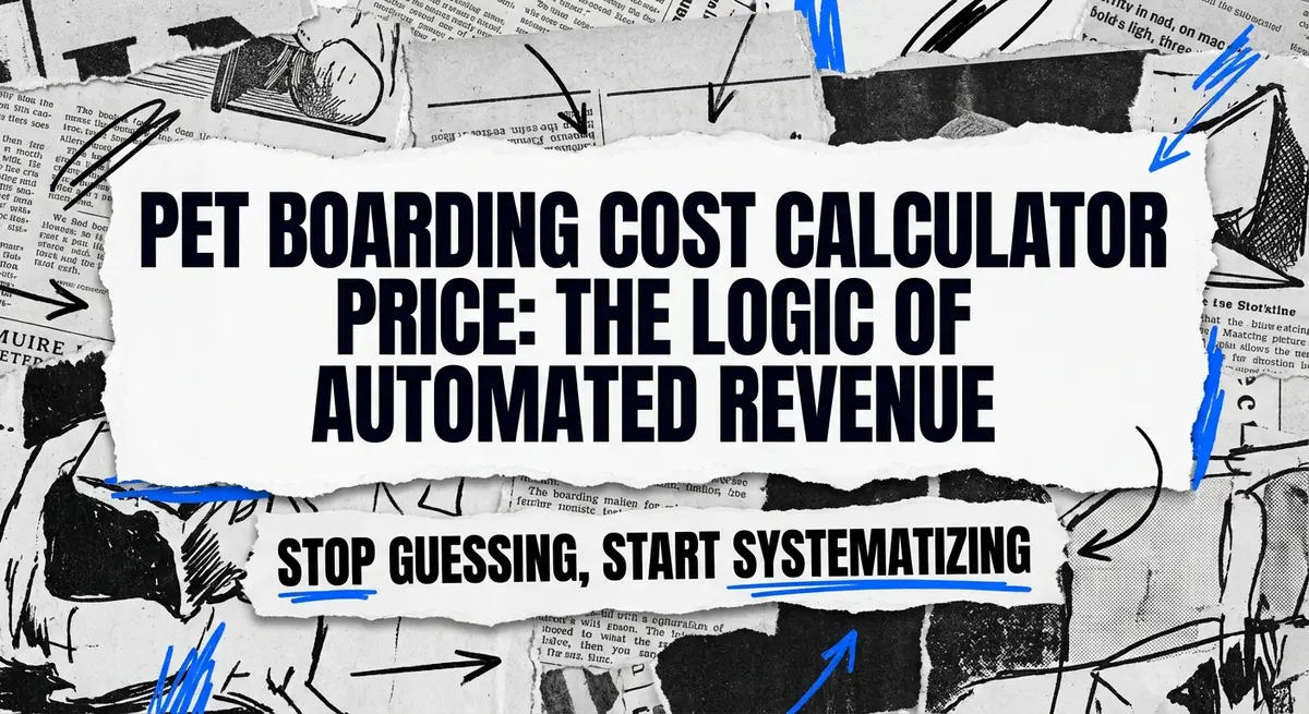 Pet boarding cost calculator price conceptual collage with torn paper and electric blue accents