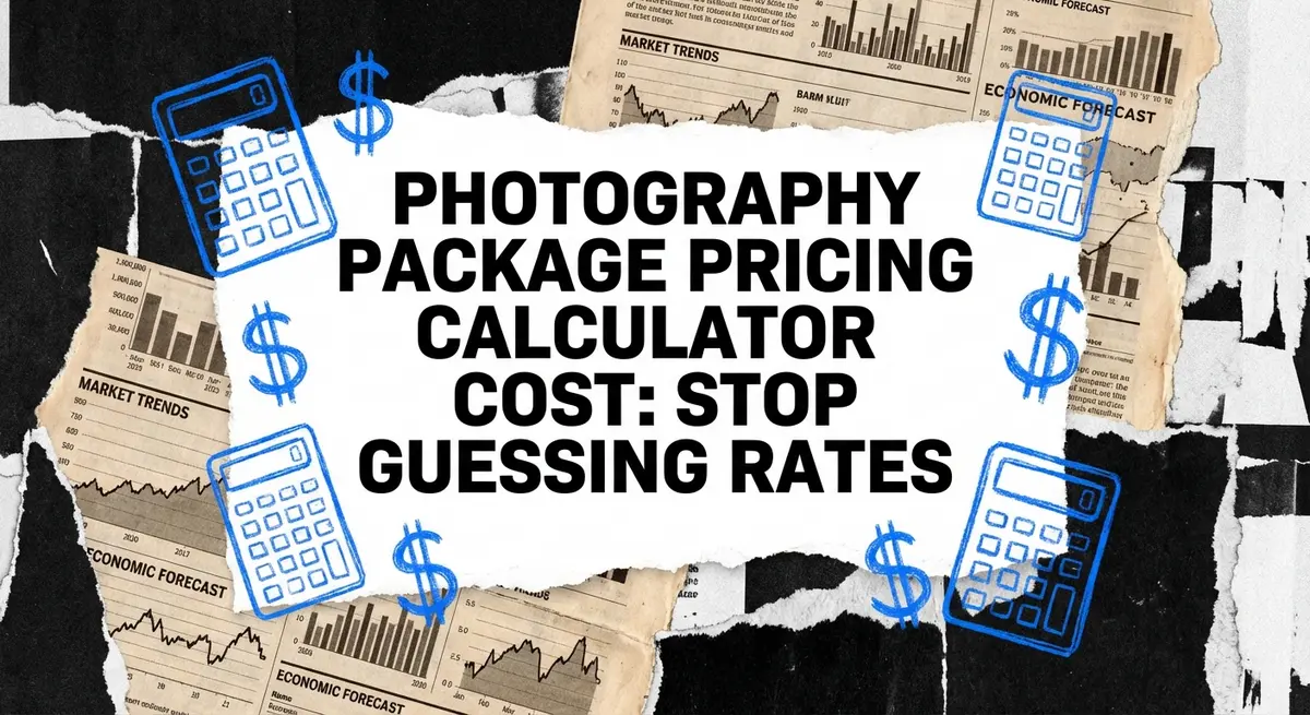 Photography package pricing calculator cost torn paper art style with blue accents