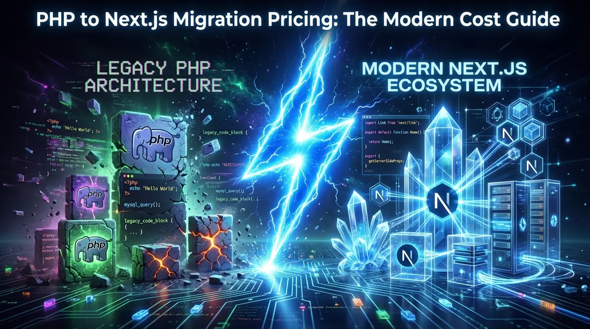 PHP to Next.js migration pricing visualization showing legacy code transforming into modern architecture with electric blue accents