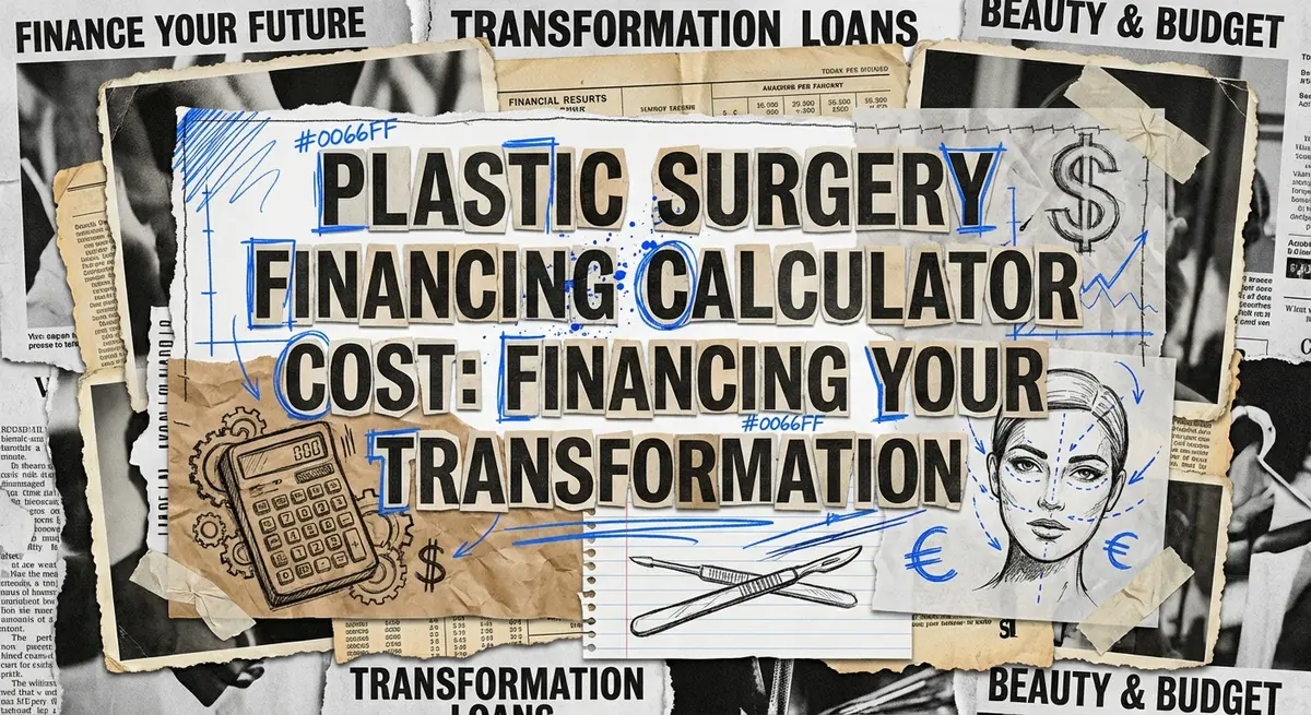 Plastic surgery financing calculator cost strategic planning collage with electric blue accents