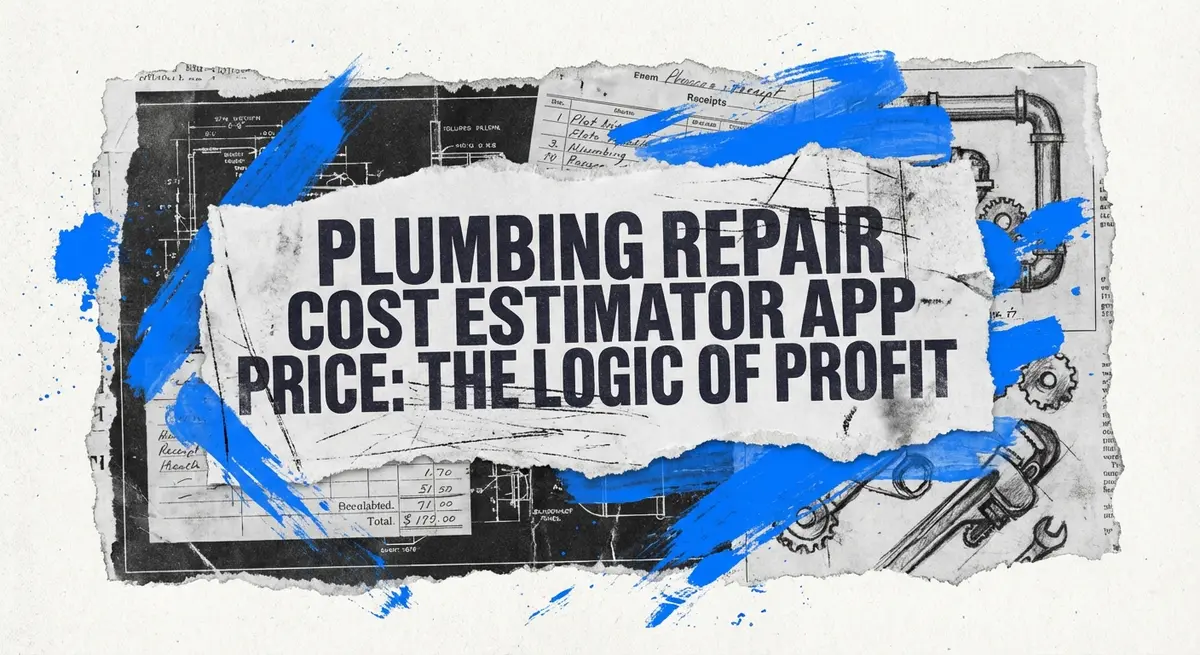 Plumbing repair cost estimator app price featured image with torn paper collage style