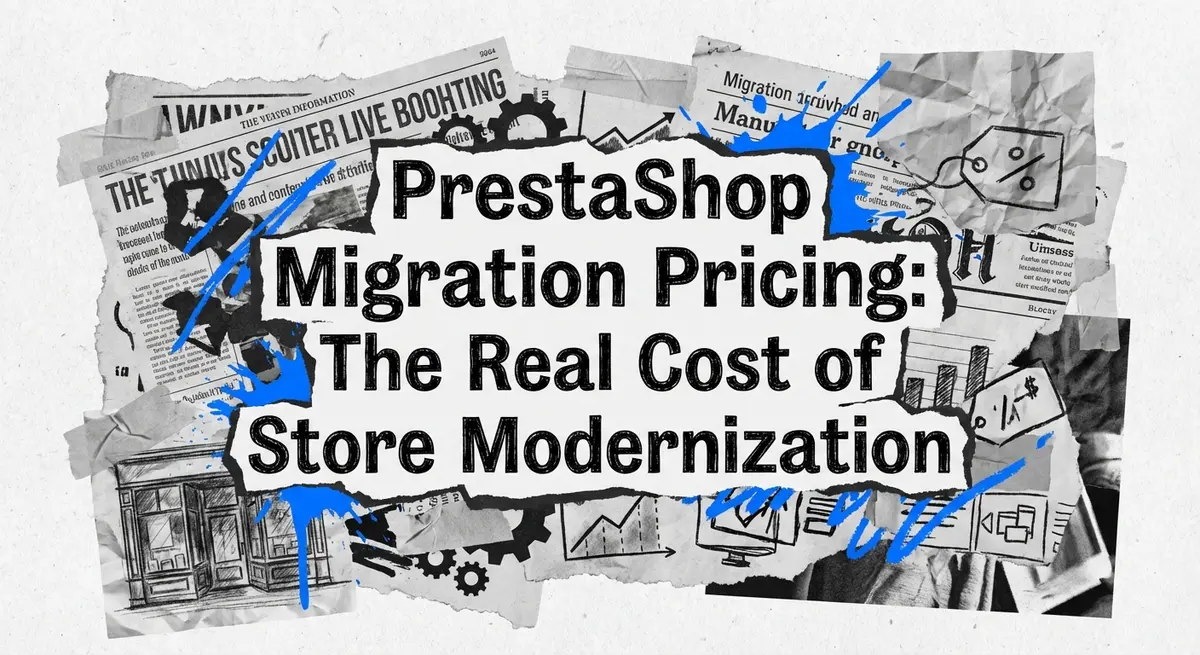 PrestaShop migration pricing collage art showing store modernization