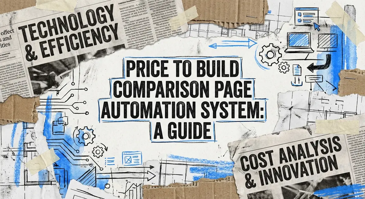 Torn paper collage featuring the title Price to Build Comparison Page Automation System with electric blue accents