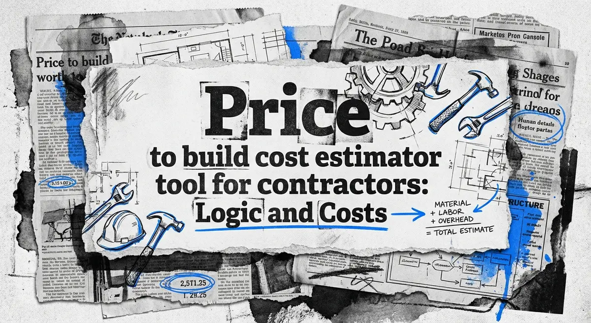 Torn paper collage art displaying price to build cost estimator tool for contractors text with electric blue accents