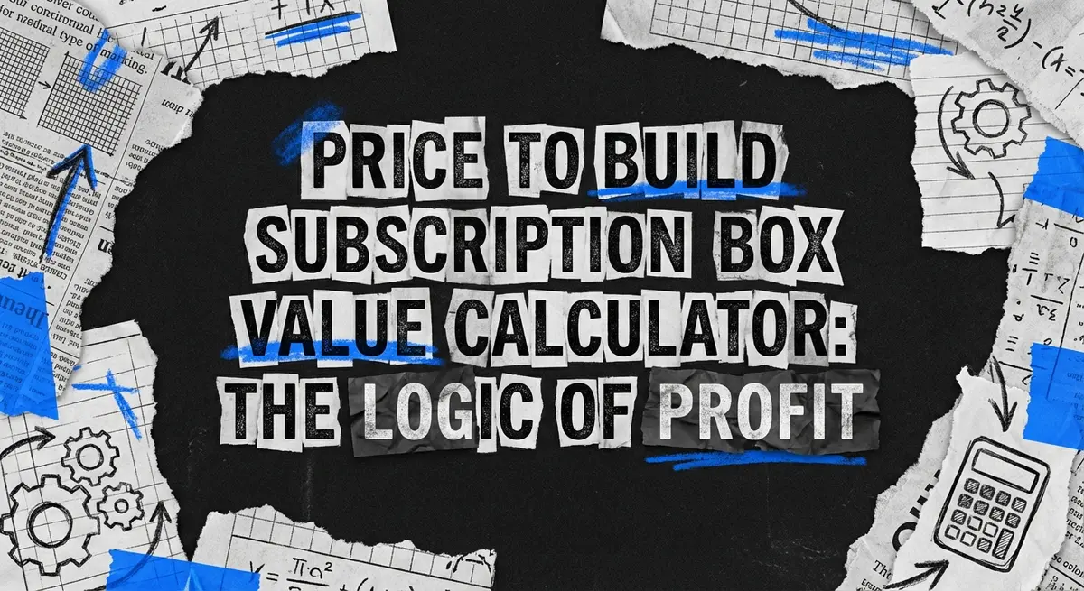 Price to build subscription box value calculator torn paper collage with electric blue accents