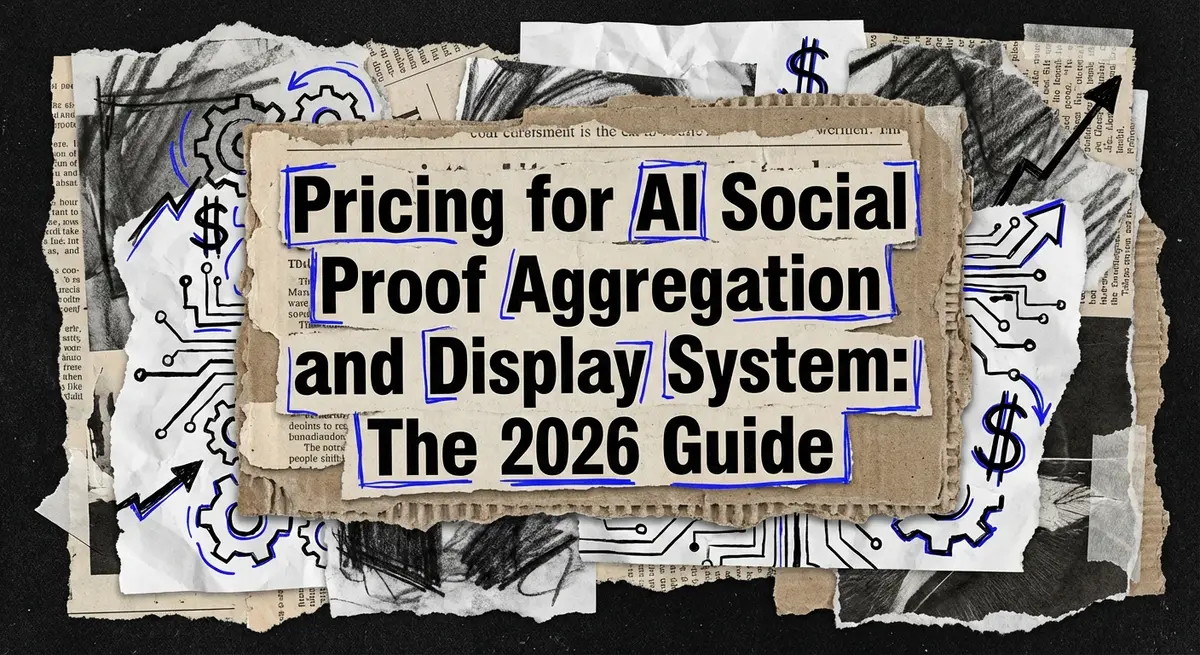 Torn paper collage featuring Pricing for AI Social Proof Aggregation and Display System title with electric blue accents