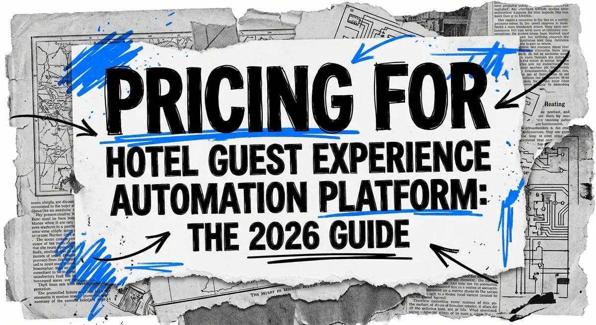 Pricing for hotel guest experience automation platform collage with torn paper and electric blue accents