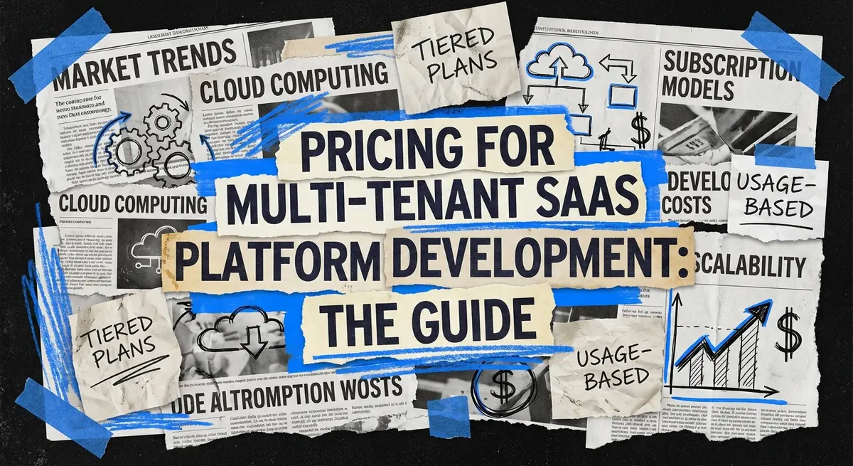 Pricing for multi-tenant SaaS platform development collage with architectural blueprints and digital cost charts