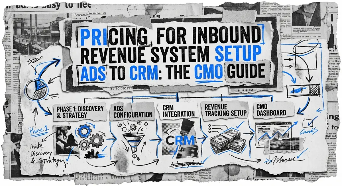 Torn paper collage featuring pricing for inbound revenue system setup ads to crm with electric blue accents
