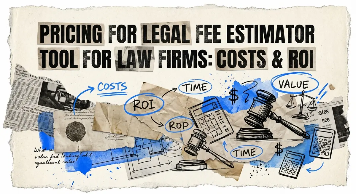 Torn paper collage featuring pricing for legal fee estimator tool for law firms with electric blue accents