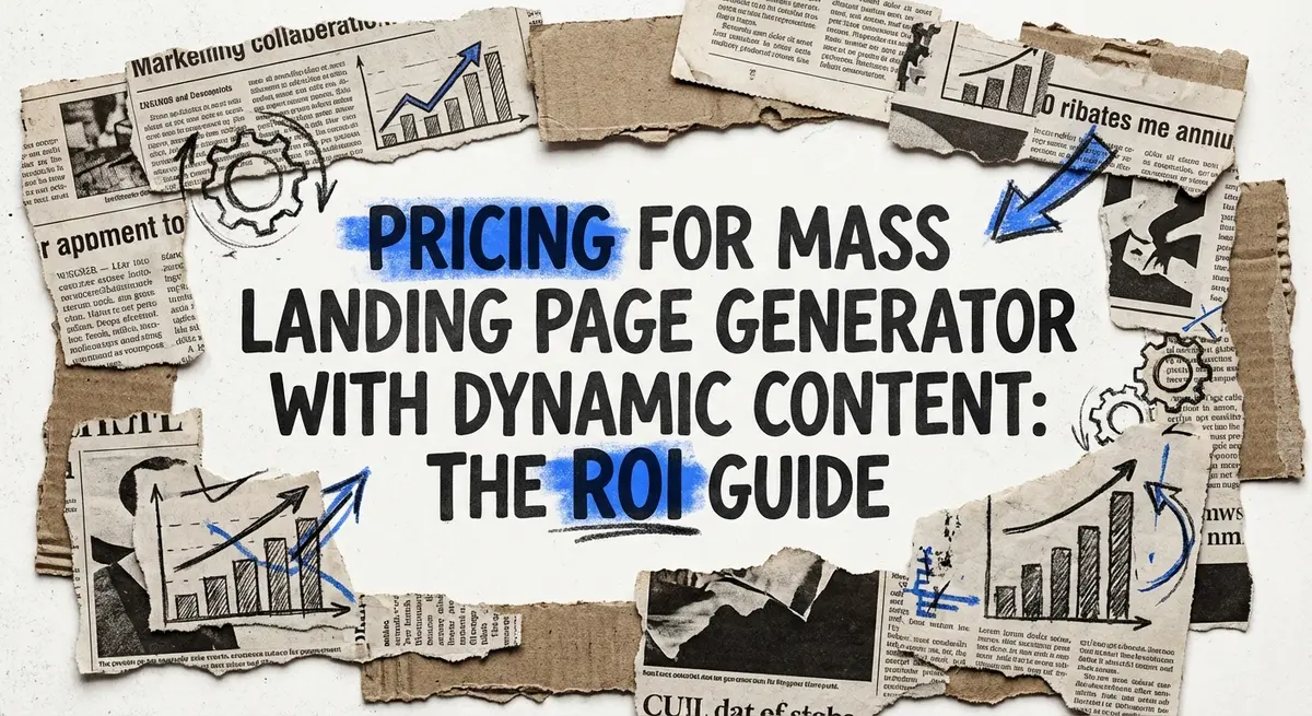 Torn paper collage art displaying Pricing for mass landing page generator with dynamic content