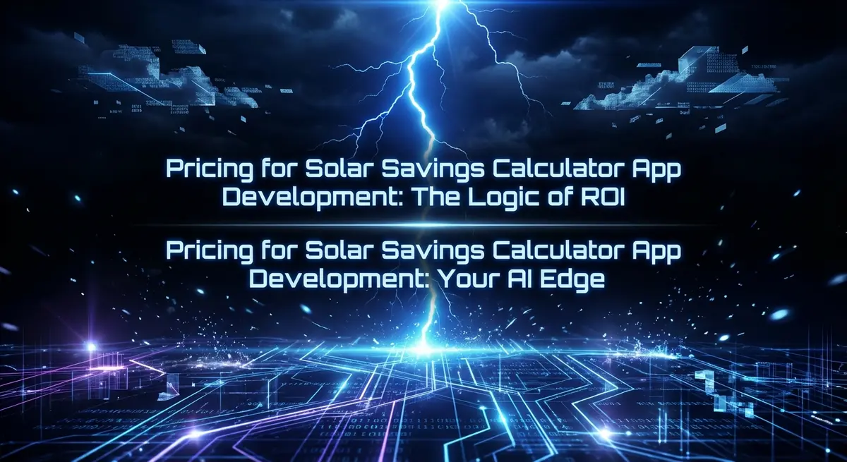 Pricing for solar savings calculator app development visualized with electric blue lightning and tech elements