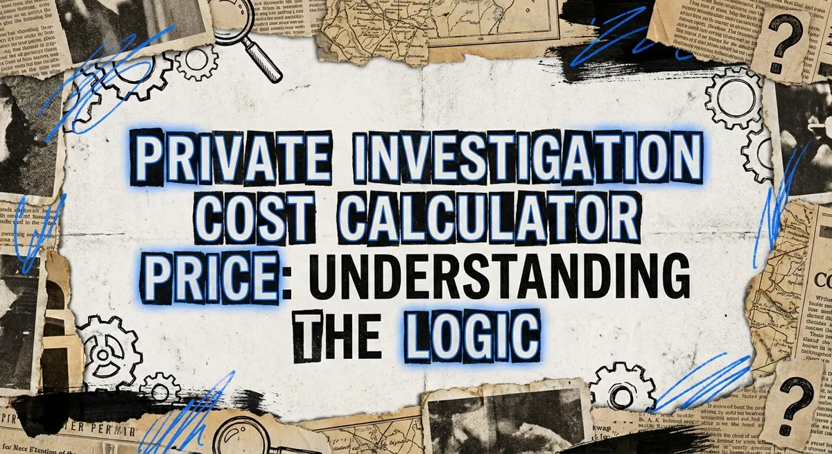 Private Investigation Cost Calculator Price logic visualization with torn paper aesthetic