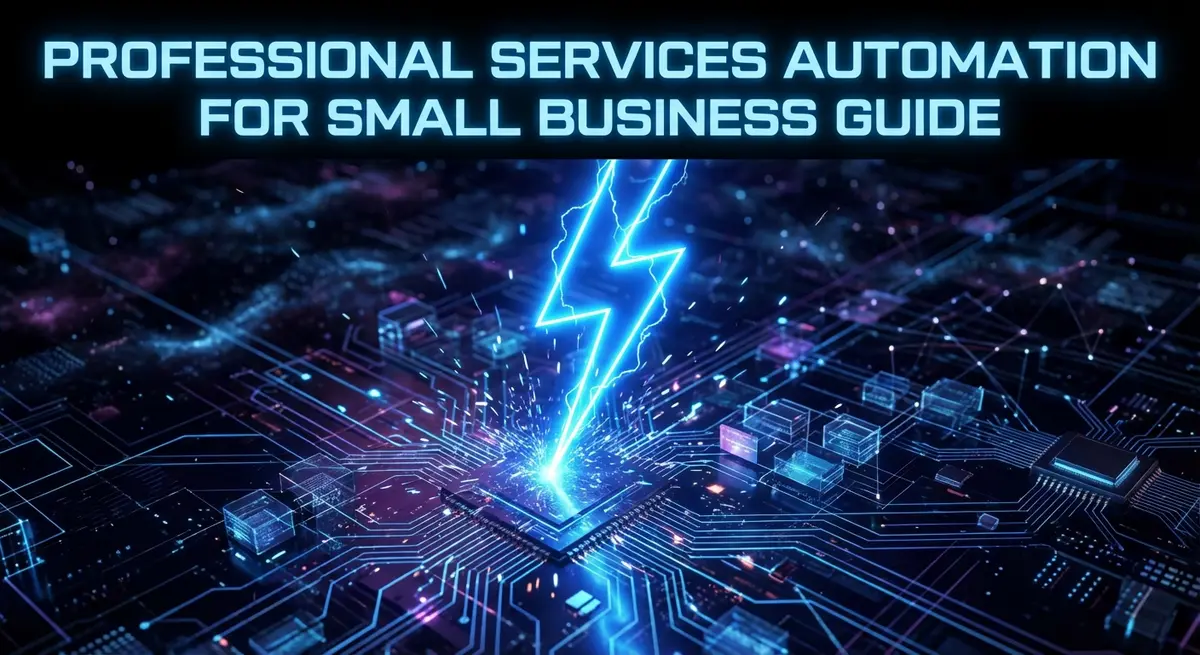 Professional services automation for small business guide featuring digital lightning and tech aesthetic