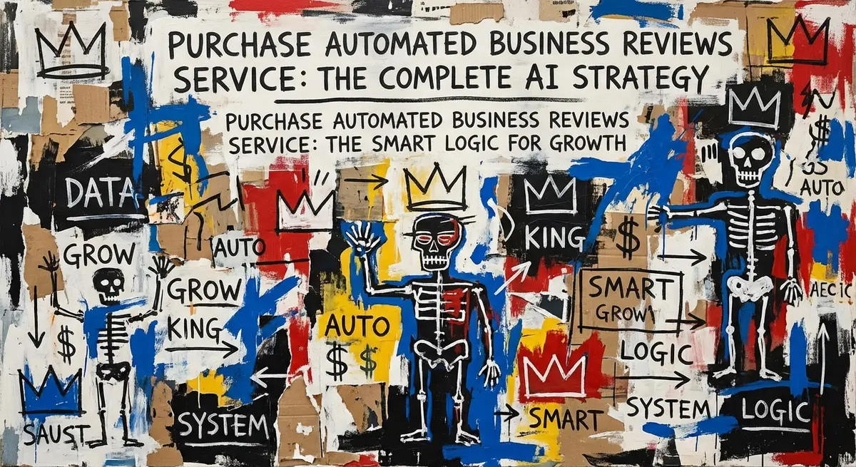 Neo-expressionist art featuring the text Purchase Automated Business Reviews Service The Smart Logic for Growth with electric blue accents