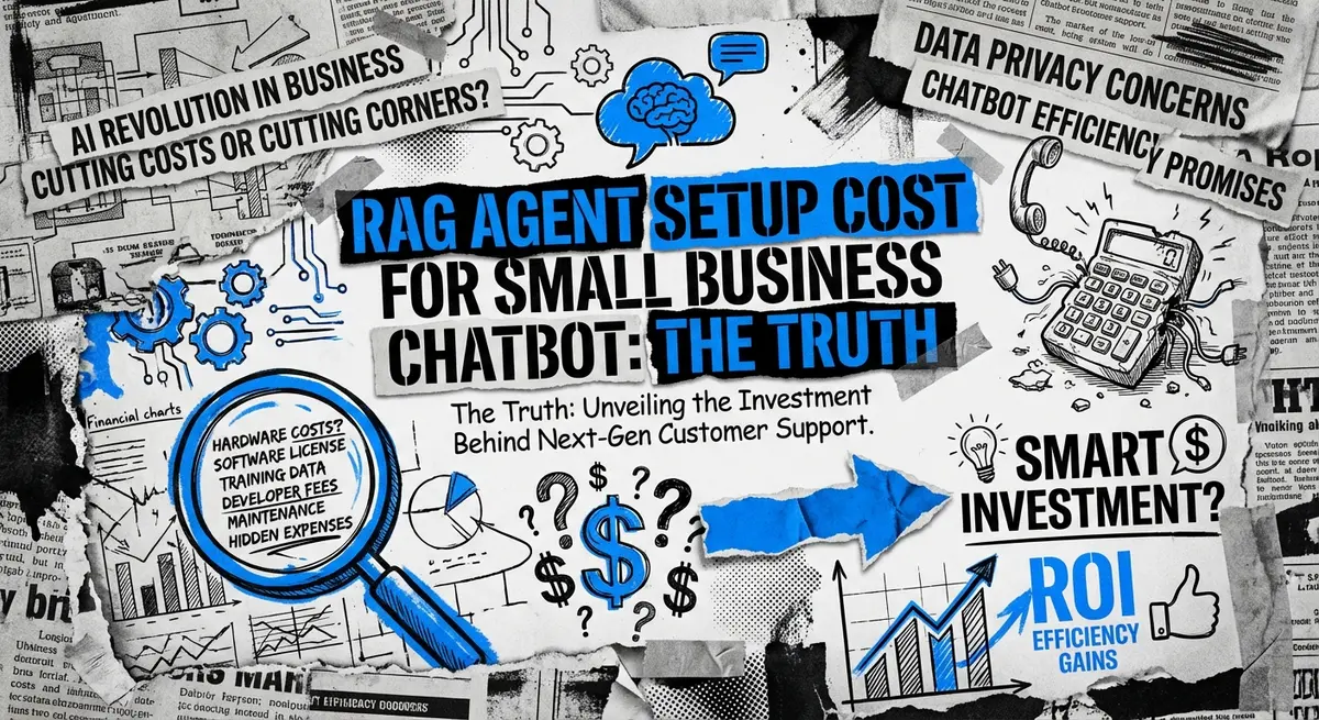 RAG agent setup cost for small business chatbot torn paper collage art