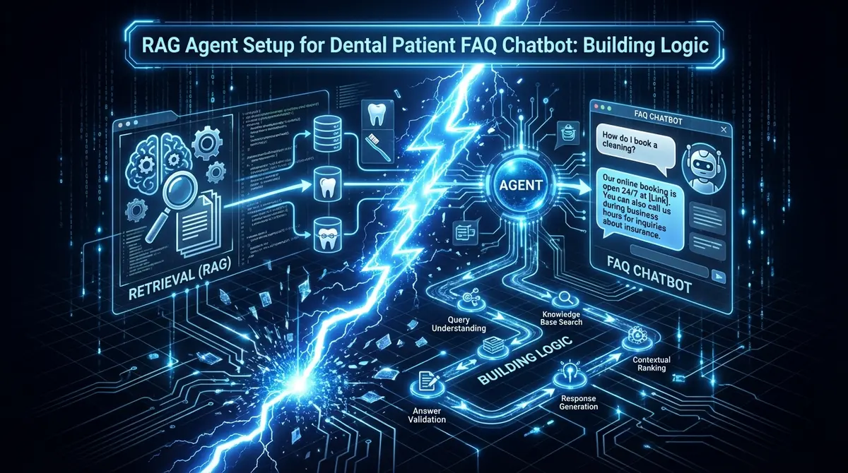 RAG Agent Setup for Dental Patient FAQ Chatbot showing electric blue digital lightning representing AI data retrieval