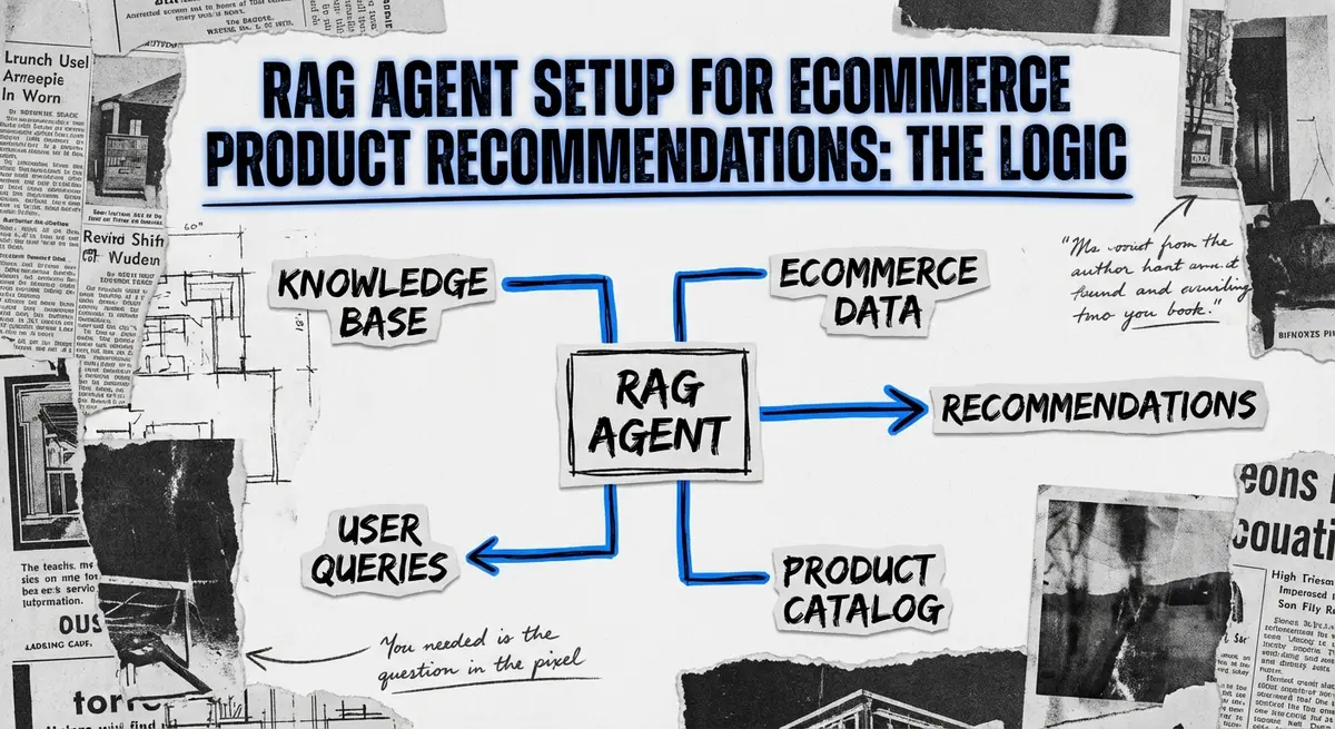RAG agent setup for ecommerce product recommendations collage with torn paper and electric blue accents
