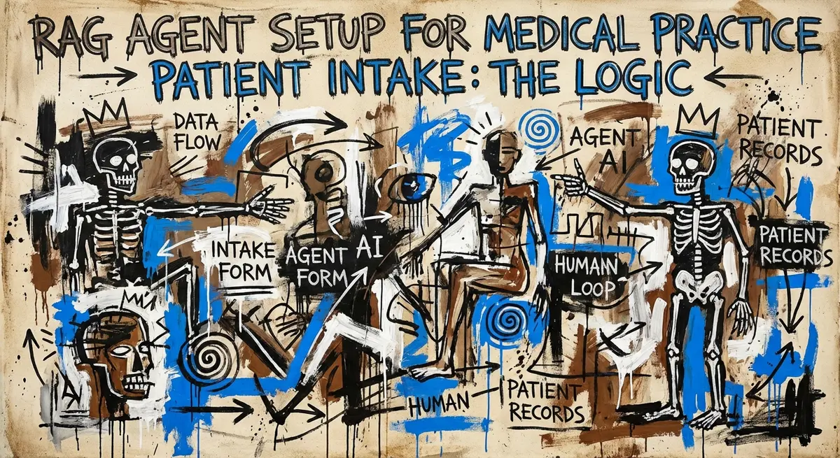 Basquiat-style art featuring the title RAG Agent Setup for Medical Practice Patient Intake: The Logic with electric blue accents