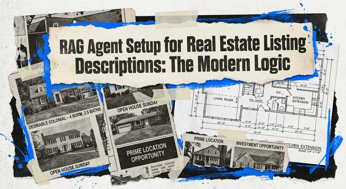 RAG agent setup for real estate listing descriptions showing torn paper collage with blueprints
