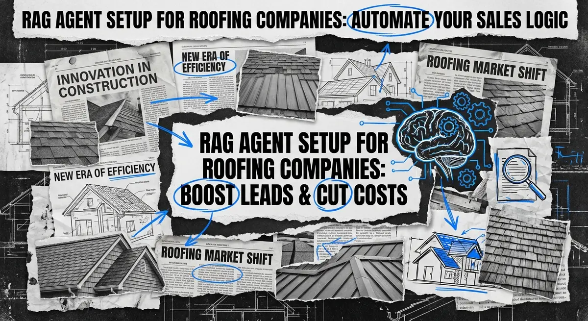 RAG agent setup for roofing companies collage with blueprints and digital elements