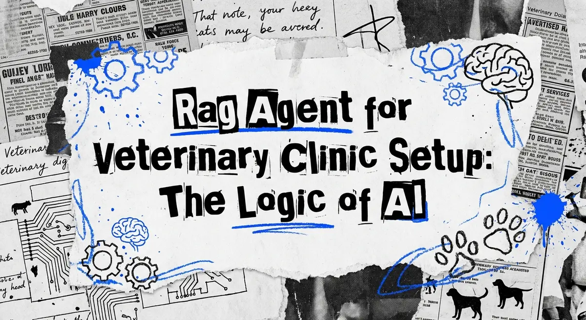 Torn paper collage featuring the text Rag Agent for Veterinary Clinic Setup with electric blue accents