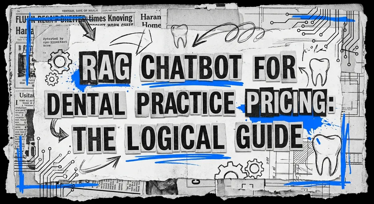 RAG chatbot for dental practice pricing collage with torn paper and electric blue accents
