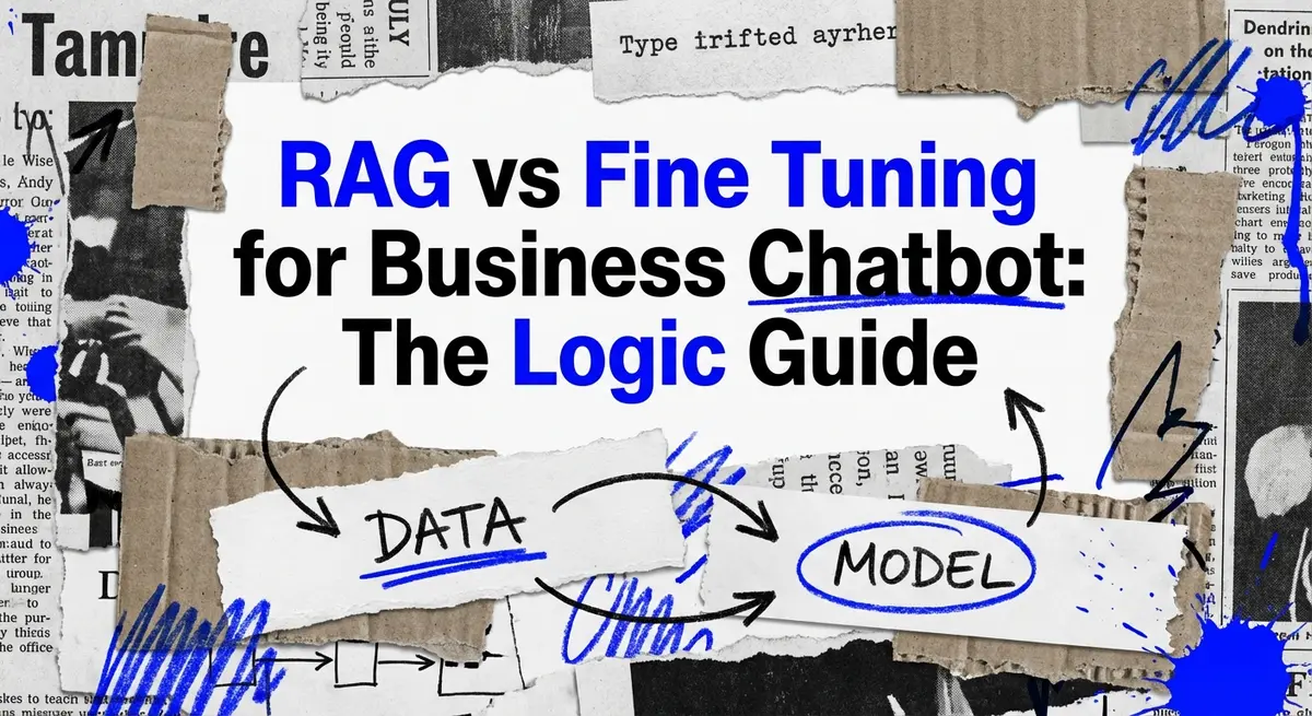 Torn paper collage illustration for RAG vs Fine Tuning for Business Chatbot showing a brain split between books and a microchip