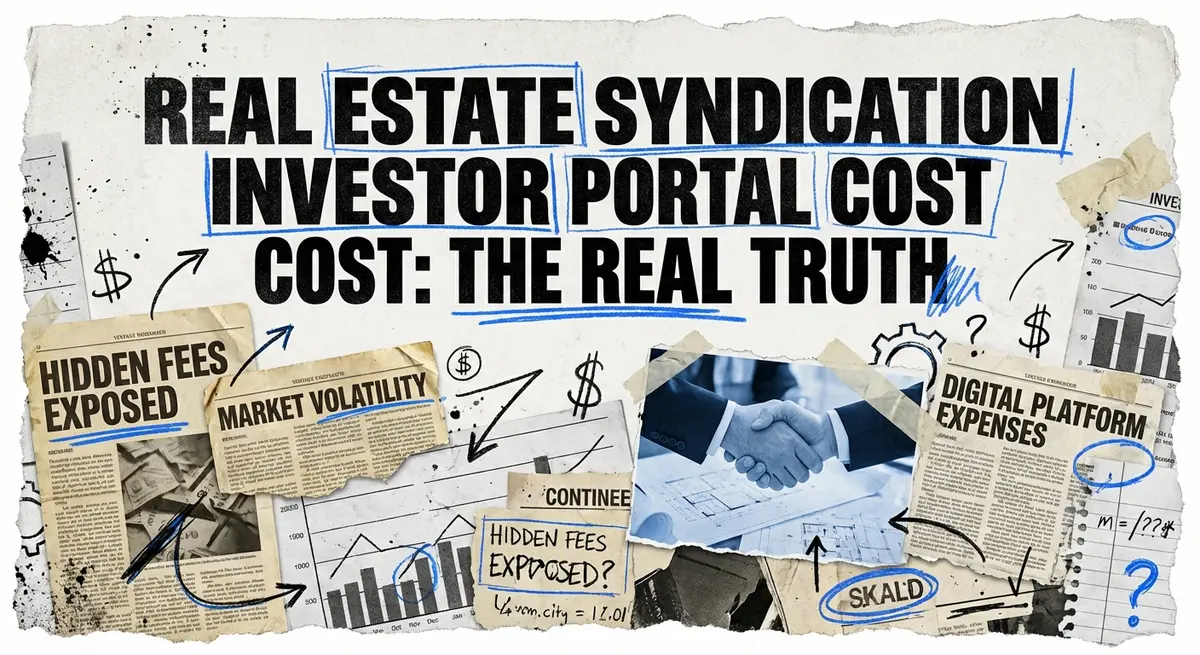 Real estate syndication investor portal cost collage with torn paper and electric blue accents