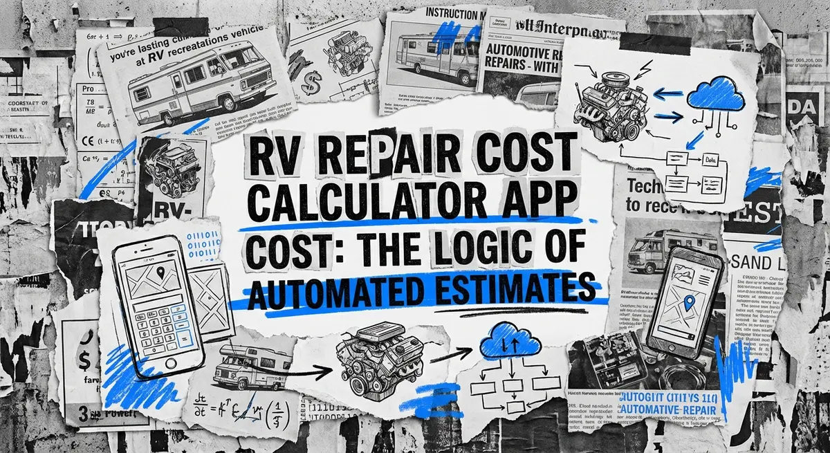Torn paper collage art featuring rv repair cost calculator app cost title with electric blue accents